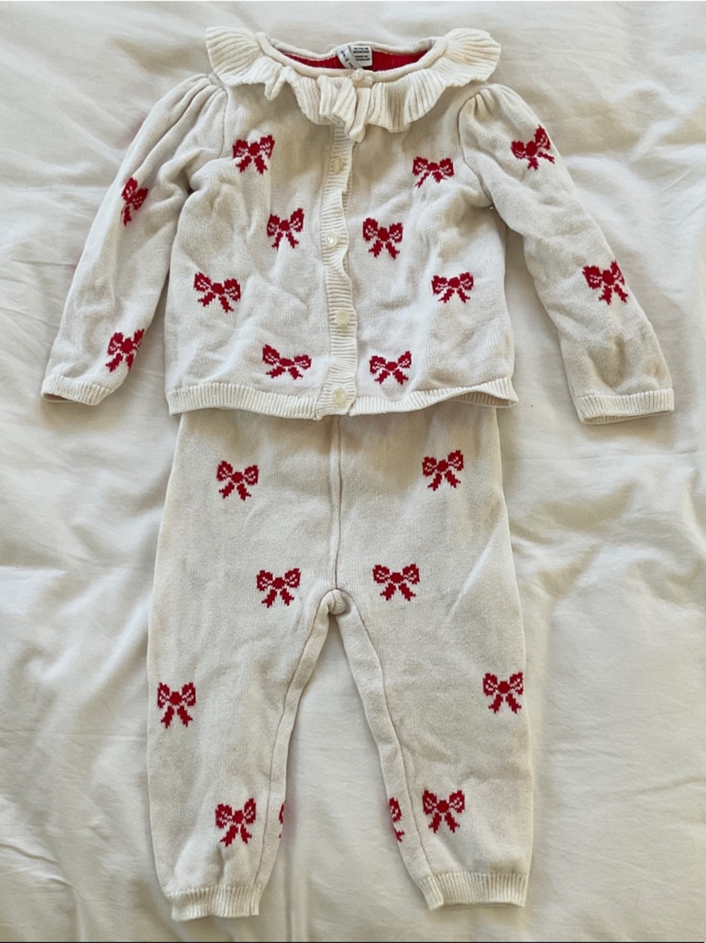 Janie and Jack Cream Knit Pajama Set with Red Bow Motif